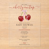 さくらんぼオントップベビーモダンシャワーピンクボウガール アクリル招待状 (正面)