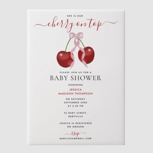 さくらんぼオントップベビーモダンシャワーピンクボウガール ベラム紙招待状 (正面)