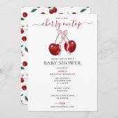 さくらんぼオントップベビーモダンシャワーピンクボウガール 招待状 (正面/裏面)