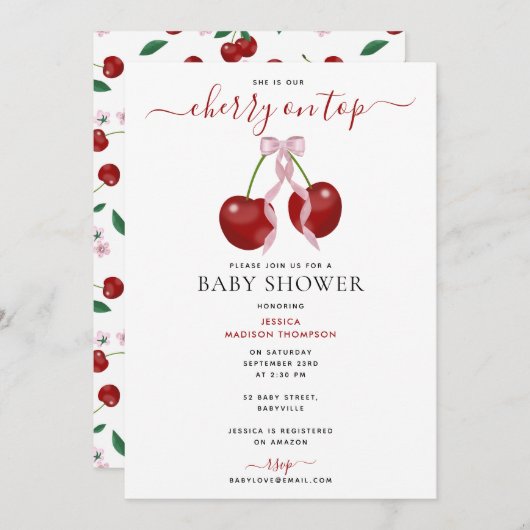 さくらんぼオントップベビーモダンシャワーピンクボウガール 招待状 (正面/裏面)