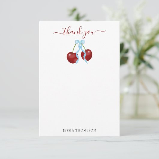 さくらんぼオントップベビーモダンシャワーブルーボウボーイ サンキューカード (スタンド正面)