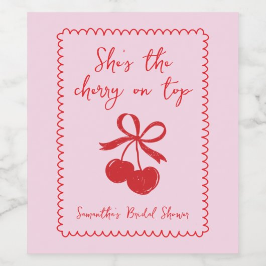 さくらんぼオントップボウハンドドローブライダルシャワー ワインラベル (シングルラベル)