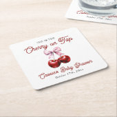 さくらんぼオントップモダンピンクボウ赤ちゃんシャワー スクエアペーパーコースター (アングル)