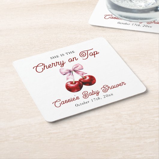 さくらんぼオントップモダンピンクボウ赤ちゃんシャワー スクエアペーパーコースター (アングル)