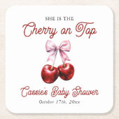 さくらんぼオントップモダンピンクボウ赤ちゃんシャワー スクエアペーパーコースター (正面)