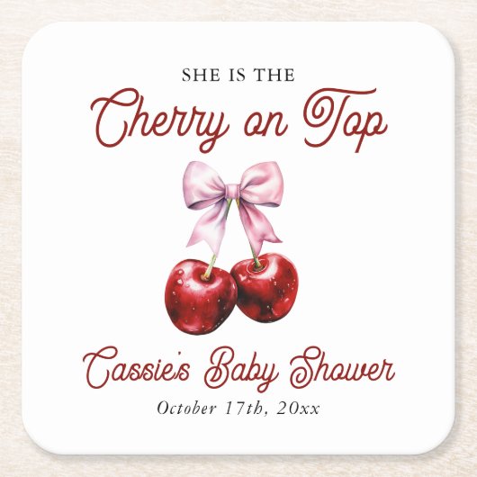 さくらんぼオントップモダンピンクボウ赤ちゃんシャワー スクエアペーパーコースター (正面)