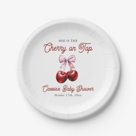 さくらんぼオントップモダンピンクボウ赤ちゃんシャワー ペーパープレート (正面)