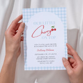さくらんぼオントップモダン市松模様にベビーシャワー 招待状