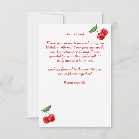 さくらんぼオントップリボンお洒落誕生日パーティー サンキューカード (裏面)