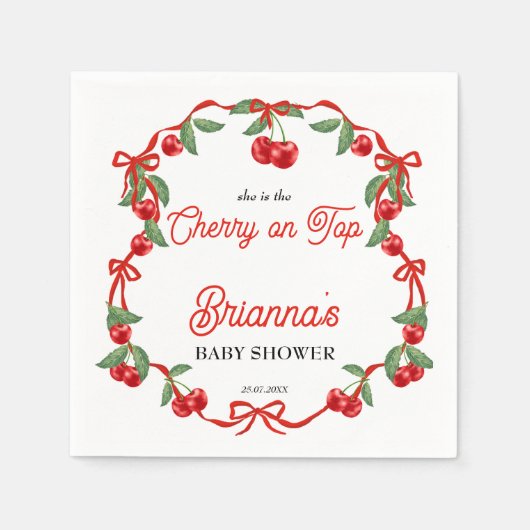 さくらんぼオントップリボンコケットベビーシャワー スタンダードカクテルナプキン (正面)