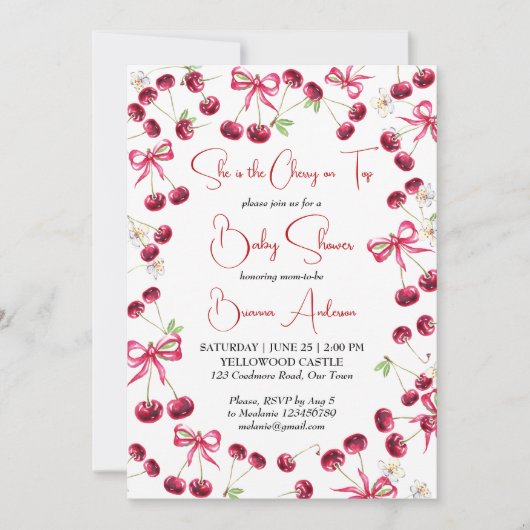 さくらんぼオントップリボンコケットベビーシャワー 招待状 (正面)