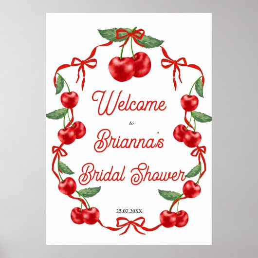 さくらんぼオントップリボンブライダルシャワーウェルカムサイン ポスター (正面)