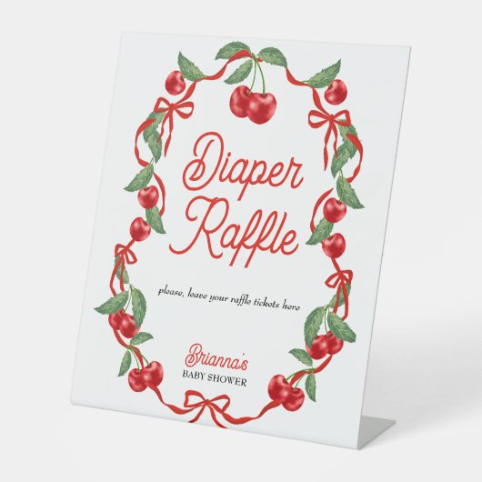 さくらんぼオントップリボン赤ちゃんシャワーおむつラッフル 台座サイン (正面)