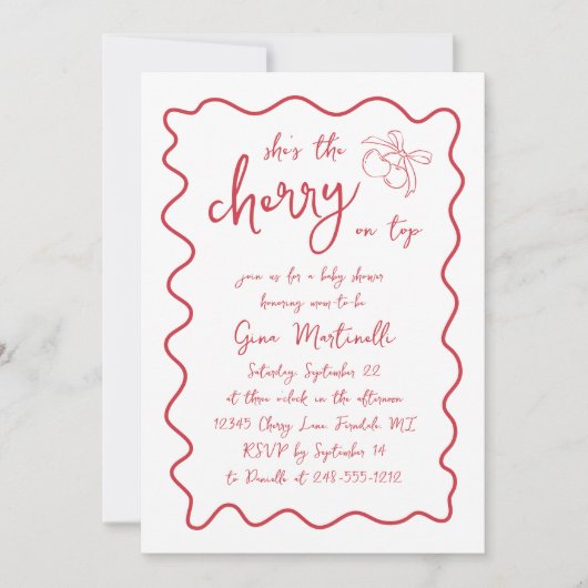 さくらんぼオントップ手書き赤い女の子ベビーシャワー 招待状 (正面)