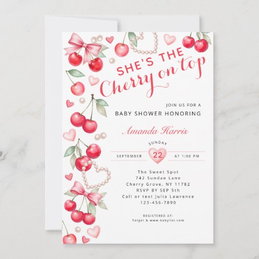 さくらんぼオントップ – ピンクボウ&ギンガムベビーシャワー 招待状 (正面)