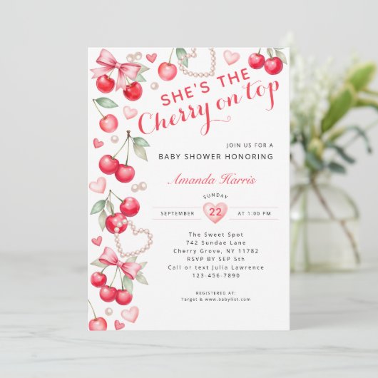 さくらんぼオントップ – ピンクボウ&ギンガムベビーシャワー 招待状 (スタンド正面)