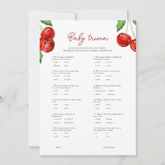 さくらんぼオンベビートリビア赤ちゃんシャワーゲームカード シーズンカード (正面)