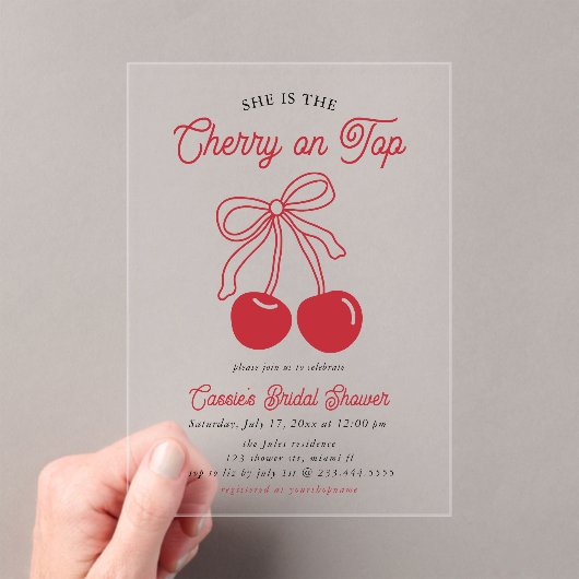 さくらんぼオンモダントップピンクボウブライダルシャワー アクリル招待状 (インサイチュ (ポータブル))