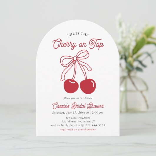 さくらんぼオンモダントップピンクボウブライダルシャワー 招待状 (スタンド正面)