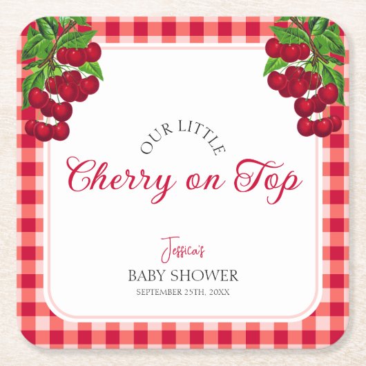 さくらんぼオン秋ジンガムプレイドベビーシャワー スクエアペーパーコースター (正面)