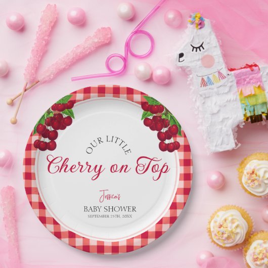 さくらんぼオン秋ジンガムプレイドベビーシャワー ペーパープレート (パーティー)
