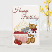 さくらんぼカップケーキ付/ベアーベイカーハッピーバースデーカード カード (黄色い花)
