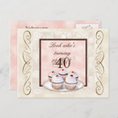 さくらんぼカップケーキ40th誕生日パーティの招待状 インビテーションポストカード (正面/裏面)