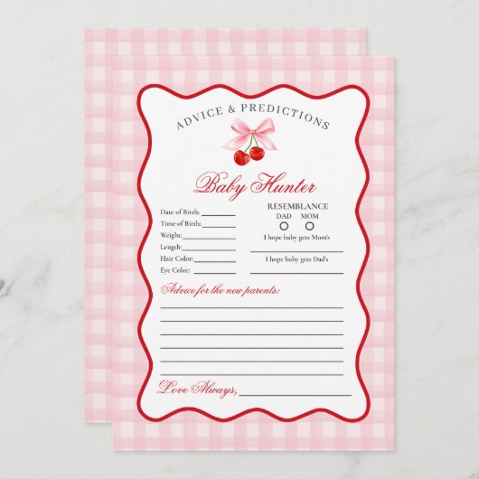 さくらんぼカード用スイートピンクコケットアドバイスベビー 招待状 (正面/裏面)