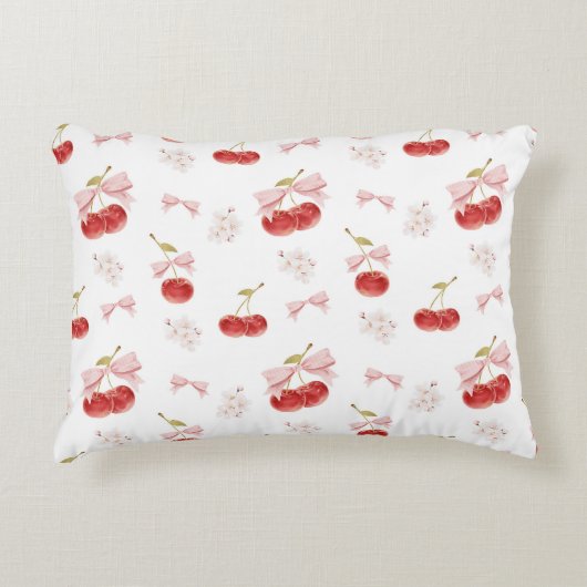 さくらんぼガールルームデコール、ピンクコケットボウさくらんぼ アクセントクッション (正面)