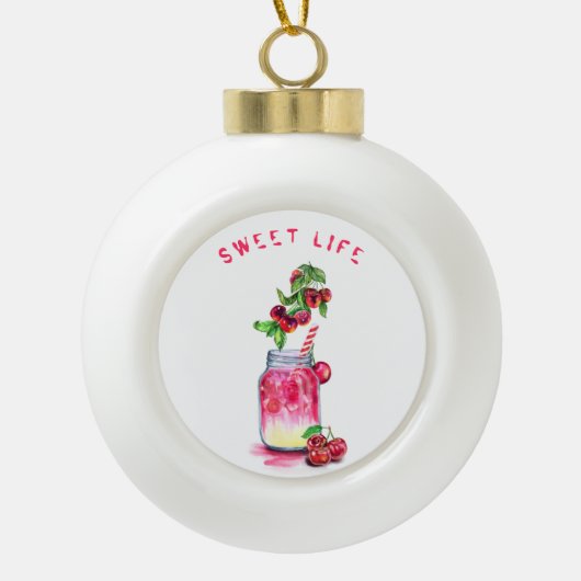 さくらんぼクリスマスオーナメント – あなたのテキスト セラミックボールオーナメント (正面)