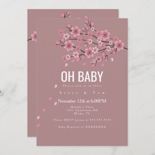 さくらんぼグラデーション咲きピンクの枝ベビーシャワー 招待状 (正面/裏面)