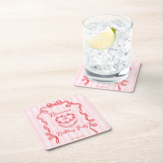 さくらんぼケーキピンクコケットボウバースデーパーティーの好意 スクエアペーパーコースター (インサイチュ)