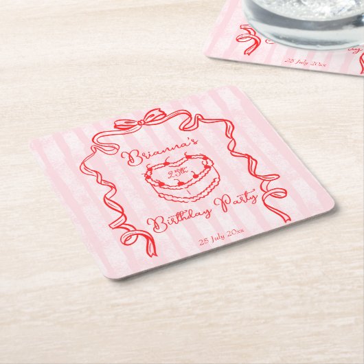 さくらんぼケーキピンクコケットボウバースデーパーティーの好意 スクエアペーパーコースター (アングル)