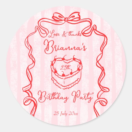 さくらんぼケーキピンクコケットボウバースデーパーティー ラウンドシール (正面)