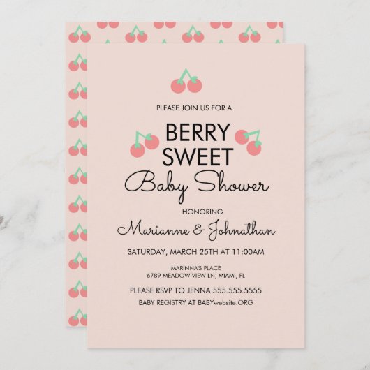 さくらんぼシンプルフルーツピンクベビーシャワー招待状 招待状 (正面/裏面)