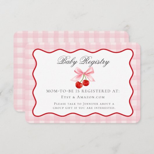さくらんぼスイートピンクコケットボウベビーレジストリカード エンクロージャーカード (正面/裏面)