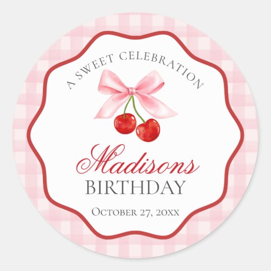 さくらんぼスイートピンクコケットボウ誕生日シール ラウンドシール (正面)