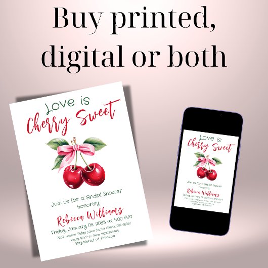 さくらんぼスイートピンクボウフルーツテーマのブライダルシャワー 招待状