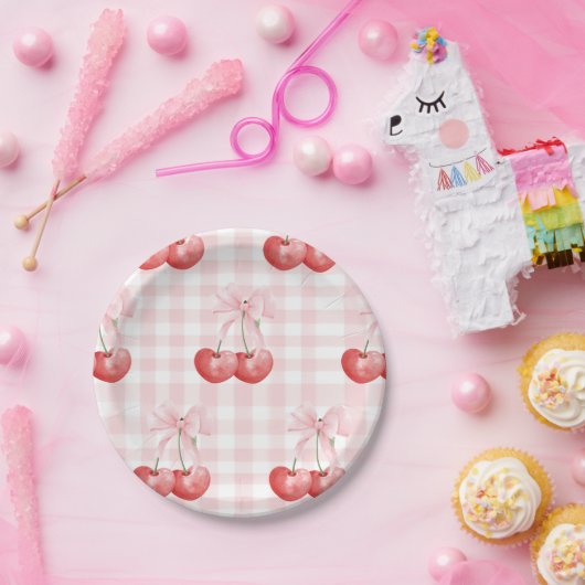 さくらんぼスウィートバースデーピンクジンガム ペーパープレート (パーティー)