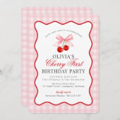 さくらんぼスウィートピンクコケットギンガムファースト誕生日 招待状 (正面/裏面)