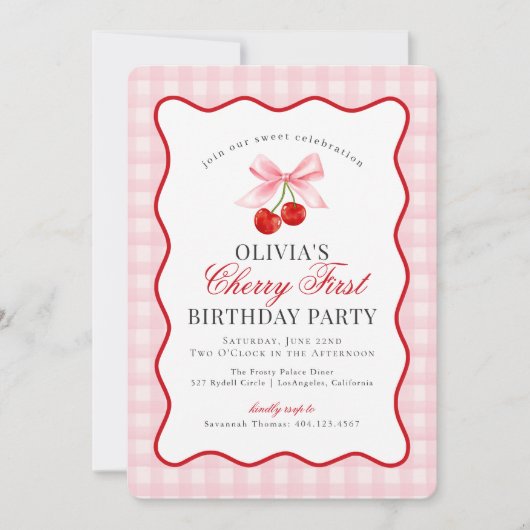 さくらんぼスウィートピンクコケットギンガムファースト誕生日 招待状 (正面)