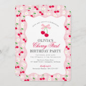 さくらんぼスウィートピンクコケットギンガムファースト誕生日 招待状 (正面/裏面)