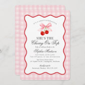 さくらんぼスウィートピンクコケットギンガムブライダルシャワー 招待状 (正面/裏面)