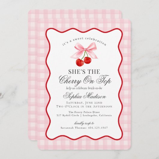 さくらんぼスウィートピンクコケットギンガムブライダルシャワー 招待状 (正面/裏面)