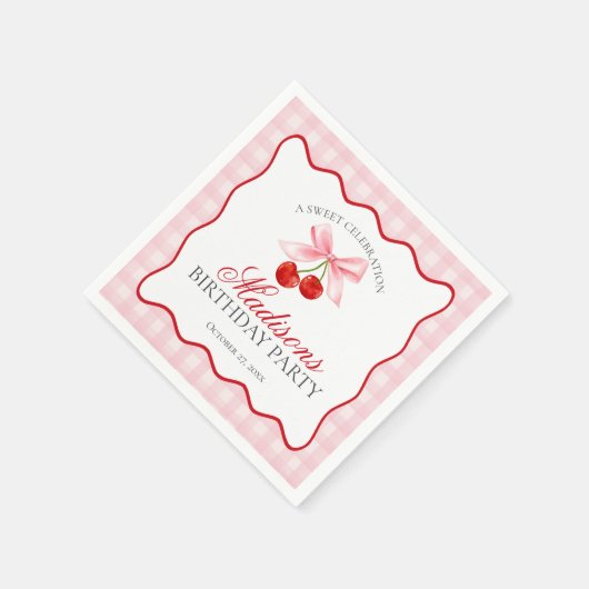 さくらんぼスウィートピンクコケットボウギンガム誕生日 スタンダードカクテルナプキン (角)