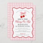 さくらんぼスウィートピンクコケットボウギンガム誕生日 招待状 (正面/裏面)