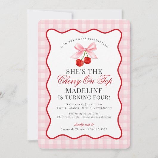 さくらんぼスウィートピンクコケットボウギンガム誕生日 招待状 (正面)