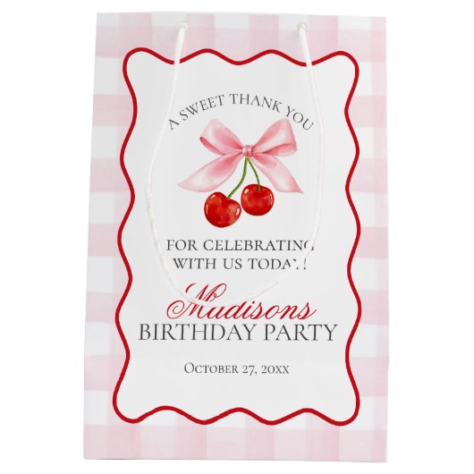 さくらんぼスウィートピンクコケットボウ誕生日の好意 ミディアムペーパーバッグ (裏面)