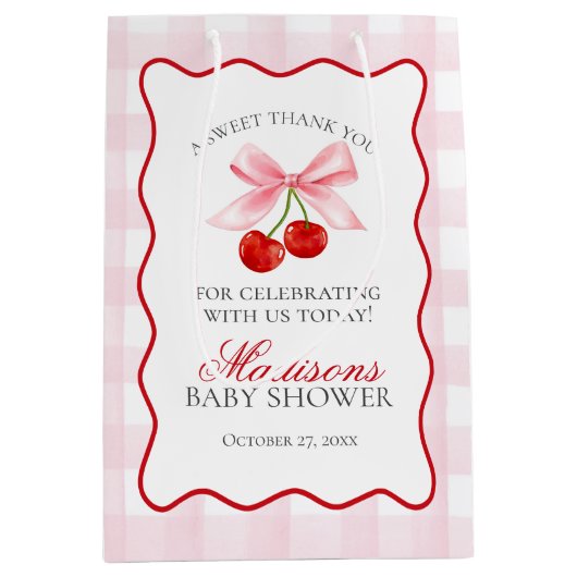 さくらんぼスウィートピンクコケット弓ベビーシャワーウィビリーズ ミディアムペーパーバッグ (正面)