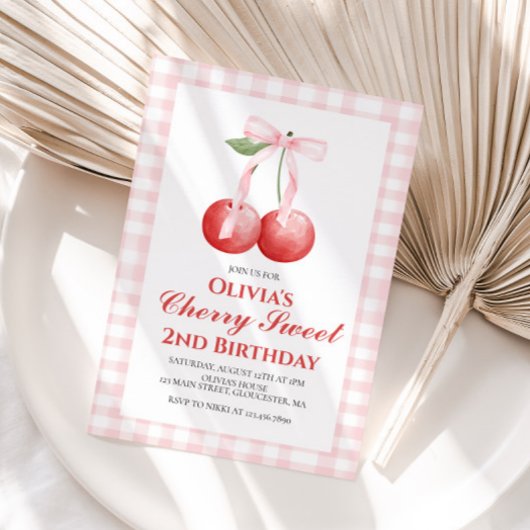 さくらんぼスウィートピンクボウ名門私立校風の誕生日 招待状